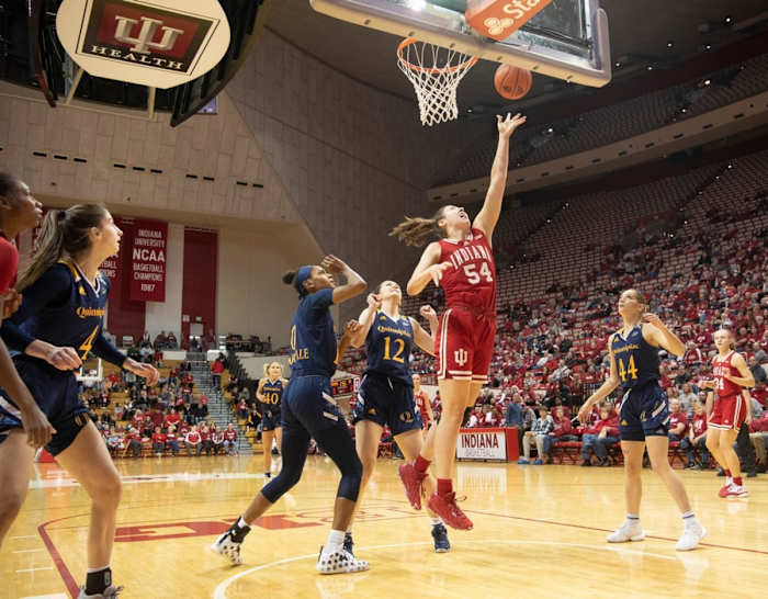 Indiana's Mackenzie Holmes (54) scores during the Indiana versus Quinnipiac women's basketball game at Simon Skjodt Assembly Hall on Sunday, Nov. 20, 2022.
